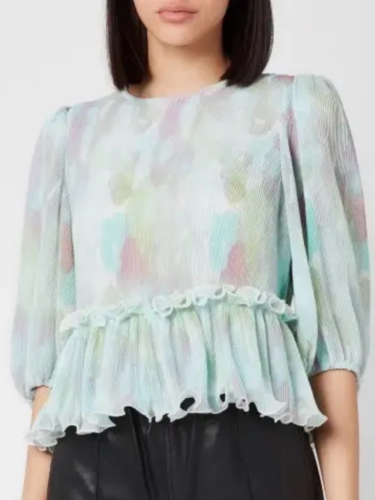 Water Color Pastel Ruffle Peplum Blouse 3/4 Sleeve Pleated Size 36 Ganni